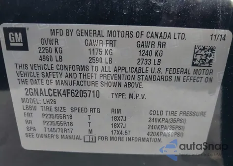 2015 Chevrolet Equinox 2Lt из США, поврежденный, VIN 2GNALCEK4F6205710